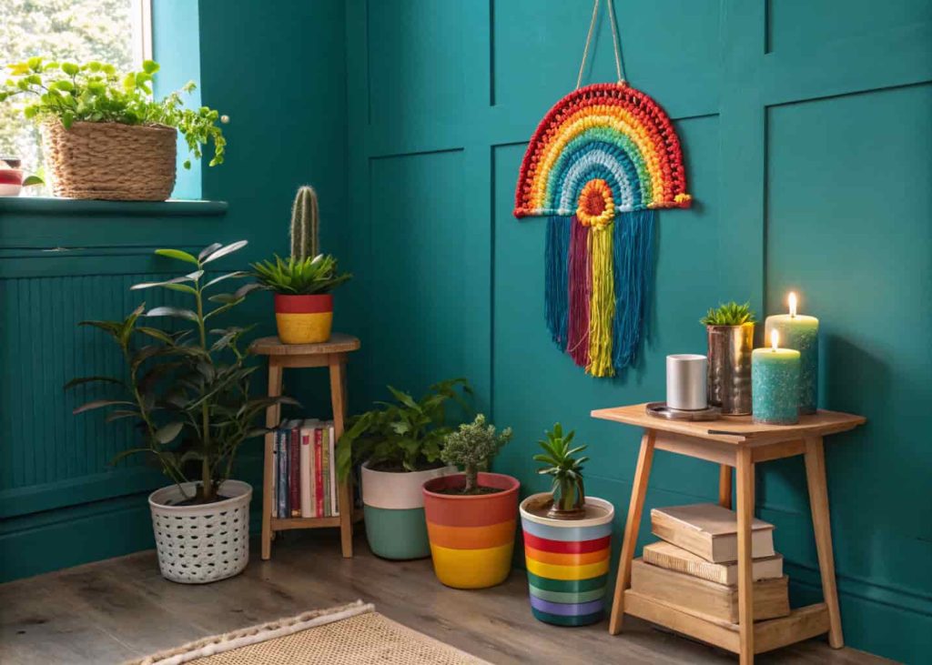 Rainbow boho accent corner with teal wall, colorful plants, and macramé in a vibrant home interior