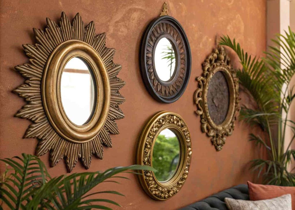Three vintage mirrors with ornate frames arranged as a gallery wall on a terracotta-toned wall in a bohemian living space.