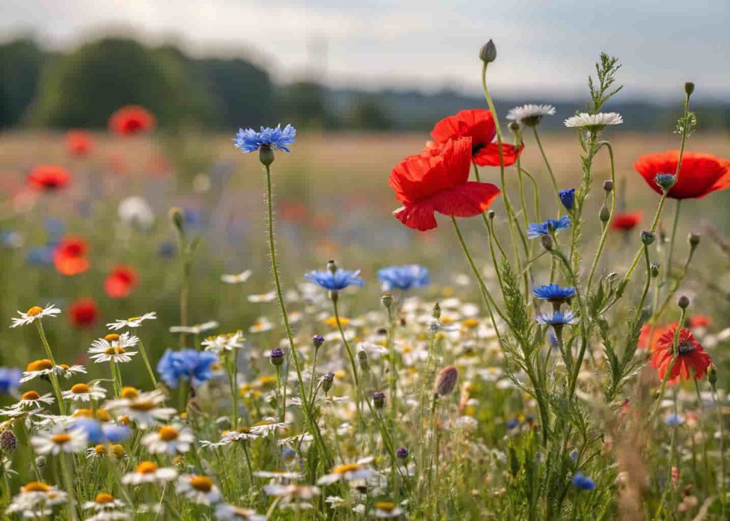 A beautiful wildflower meadow patch with red poppies, blue cornflowers, and daisies blooming freely in bright summer daylight