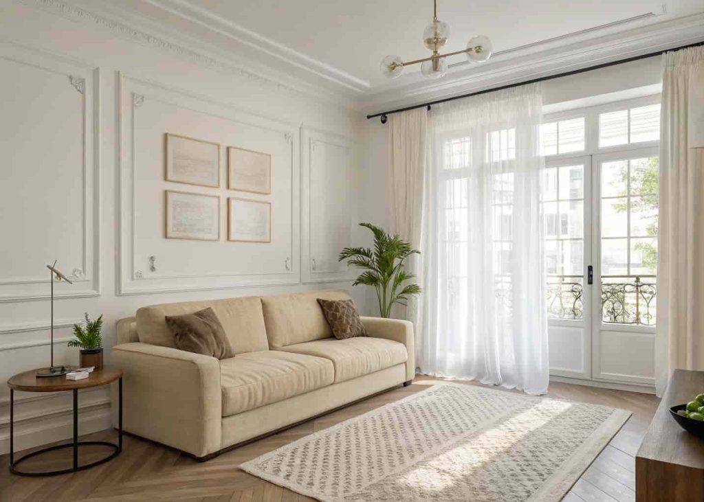 Minimalist living room with neutral color palette and warm white walls