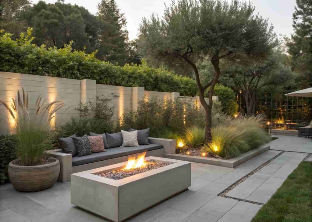 Large concrete planters with ornamental grasses and dwarf olive trees used as natural dividers around a backyard fire pit lounge area.