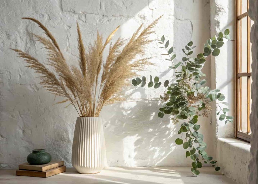 Dried pampas grass and eucalyptus in a wall-mounted ceramic vase displayed against a white limewash wall in a bohemian home.