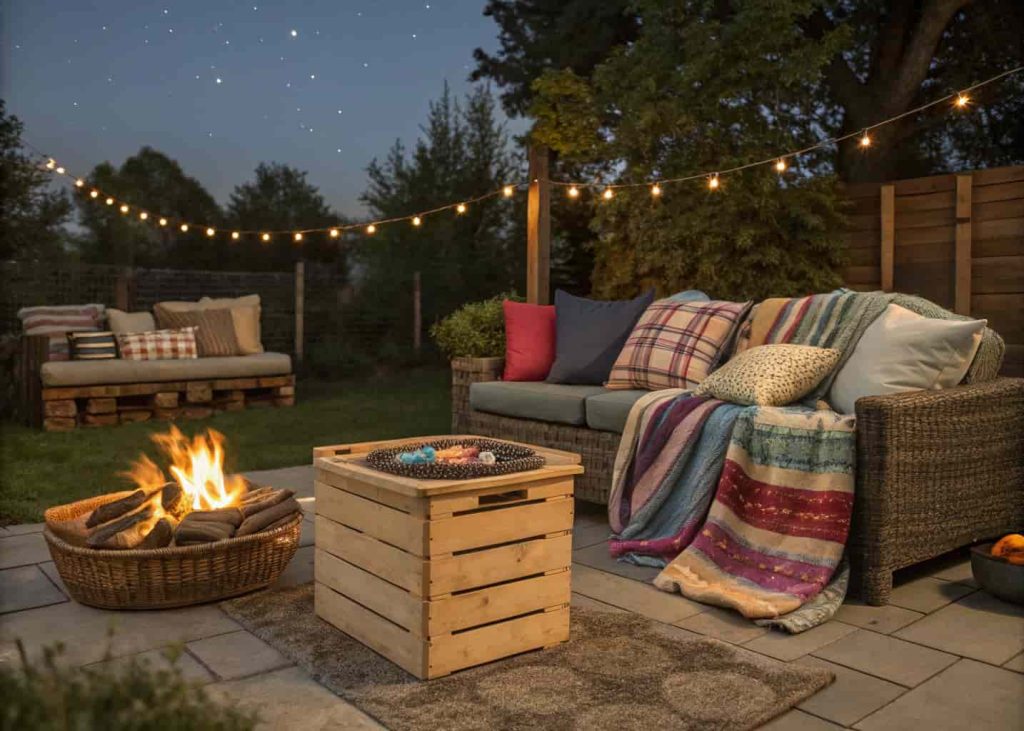 Cozy backyard fire pit gathering with guests wrapped in throw blankets around a crackling fire, wooden crate of blankets and outdoor pillows beside the sofa.