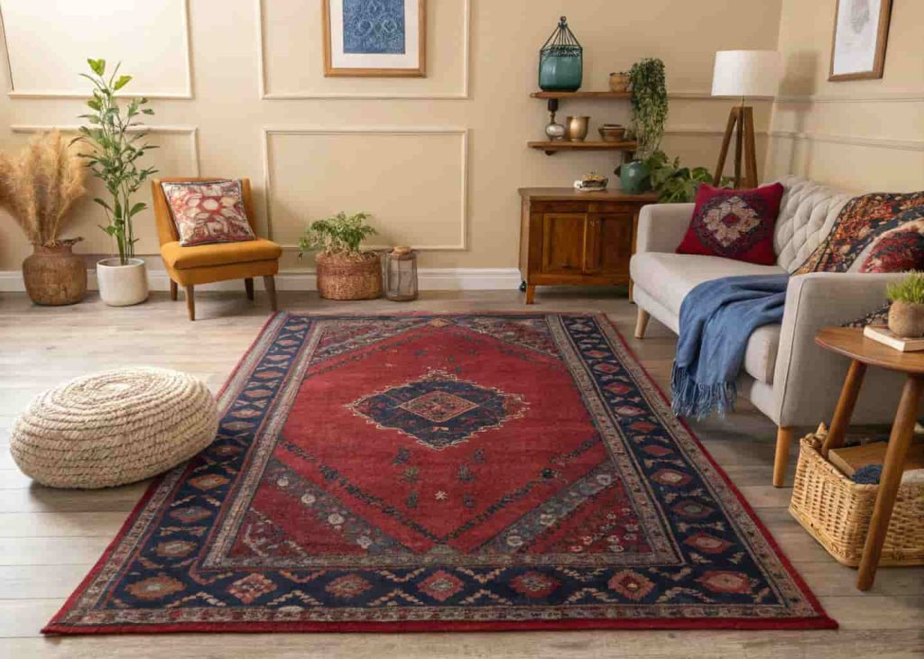 Hand-knotted Persian-style boho rug in deep red and indigo anchoring a warm colorful living room