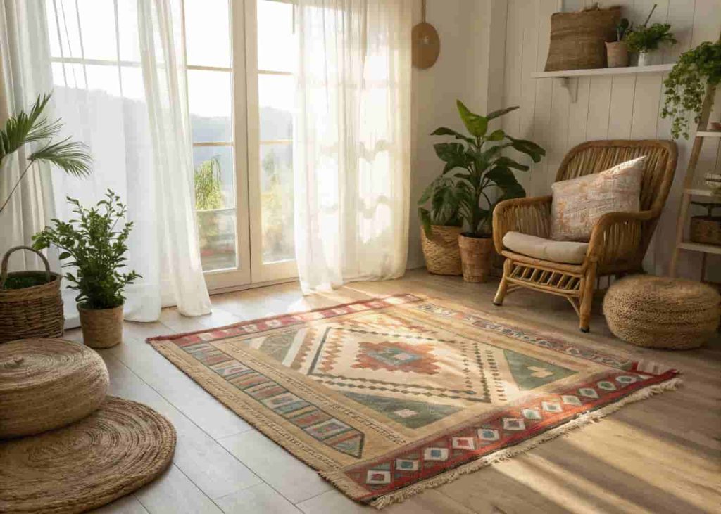 Layered boho rugs on a living room floor with jute base and colorful kilim rug on top