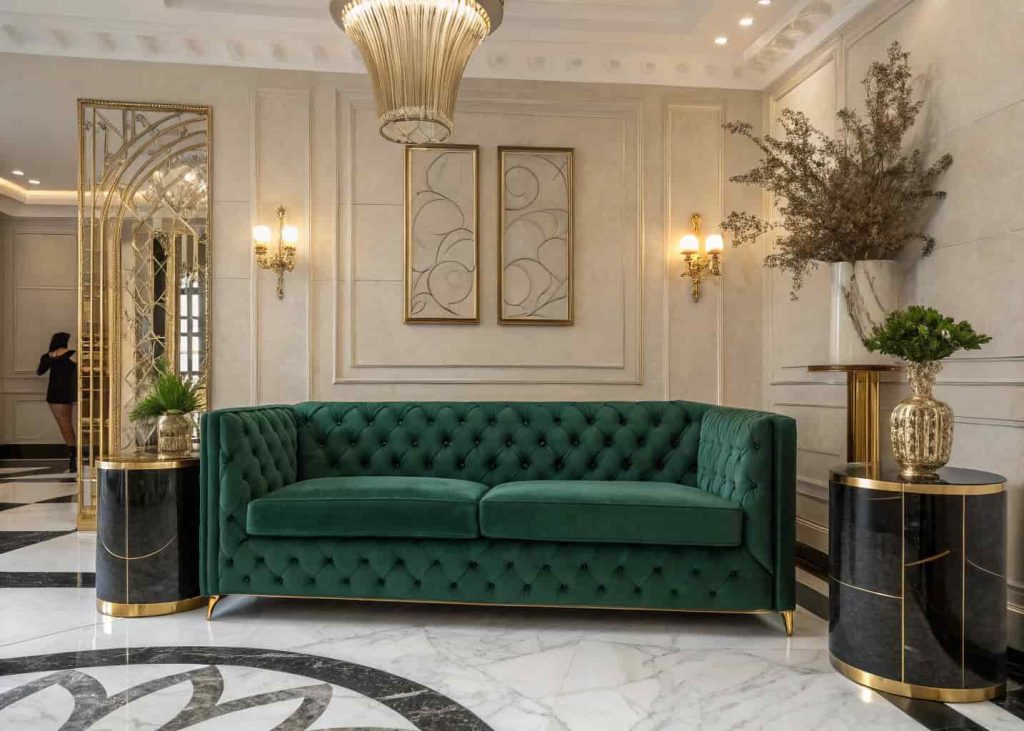 Deep emerald green velvet tufted sofa in a glamorous Art Deco living room with gold accents and marble flooring.