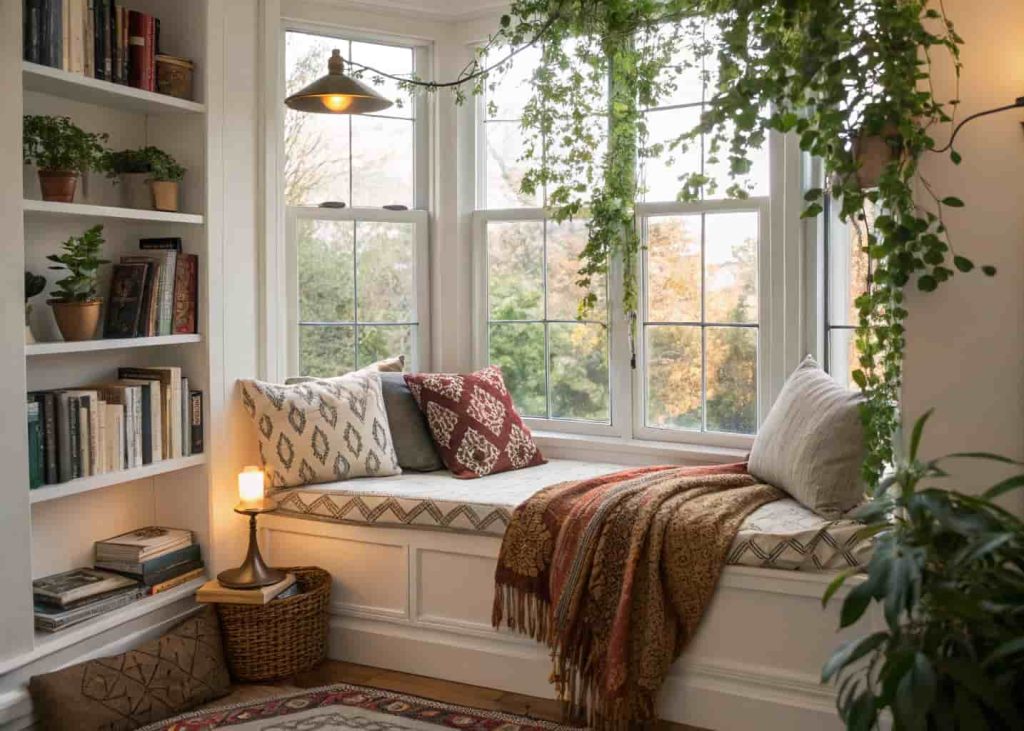 Cozy boho reading nook with cushioned window seat, layered blankets, trailing plant, and brass lamp