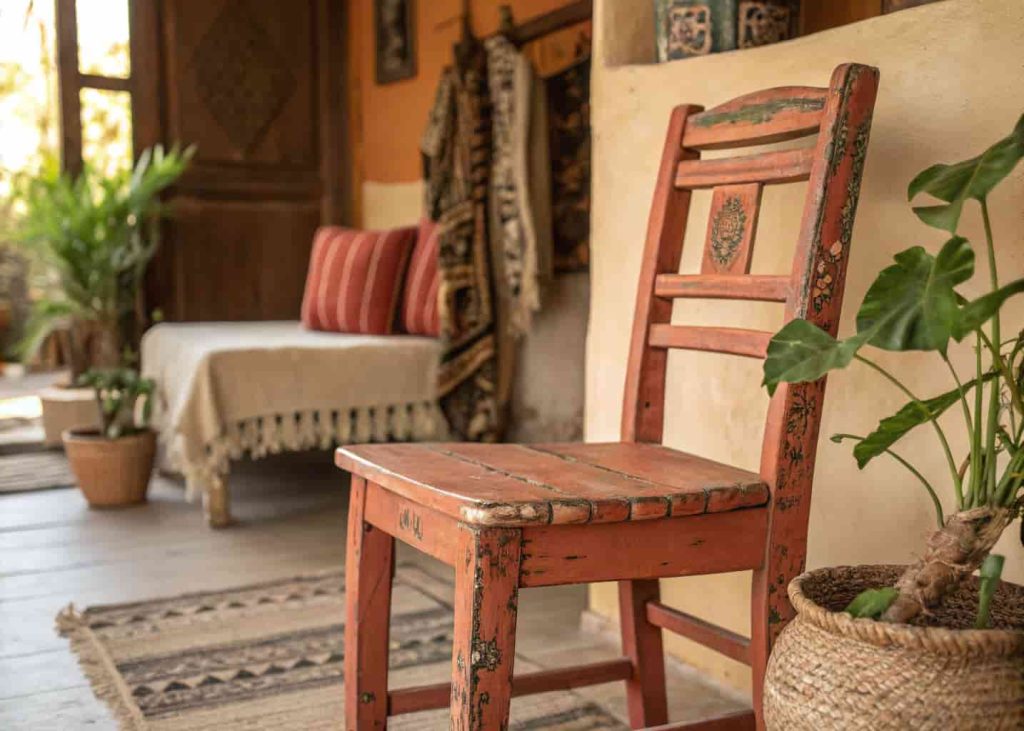 Repainted terracotta wooden chair in a bohemian style room with houseplants