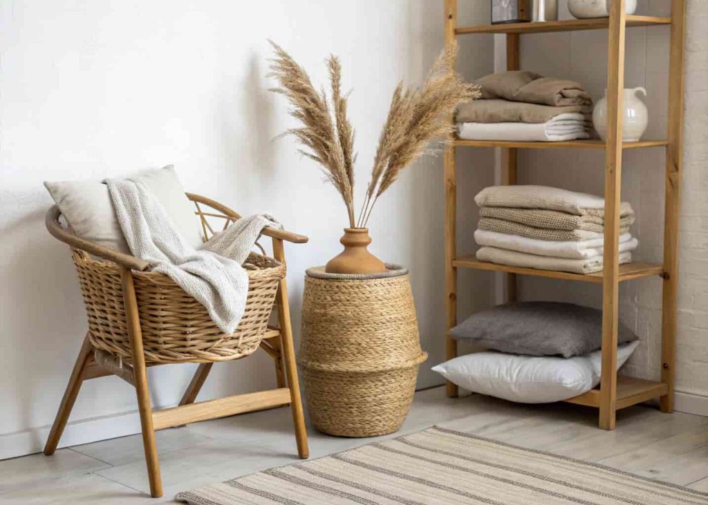 Natural textures in minimalist room decor including rattan, linen, and wood