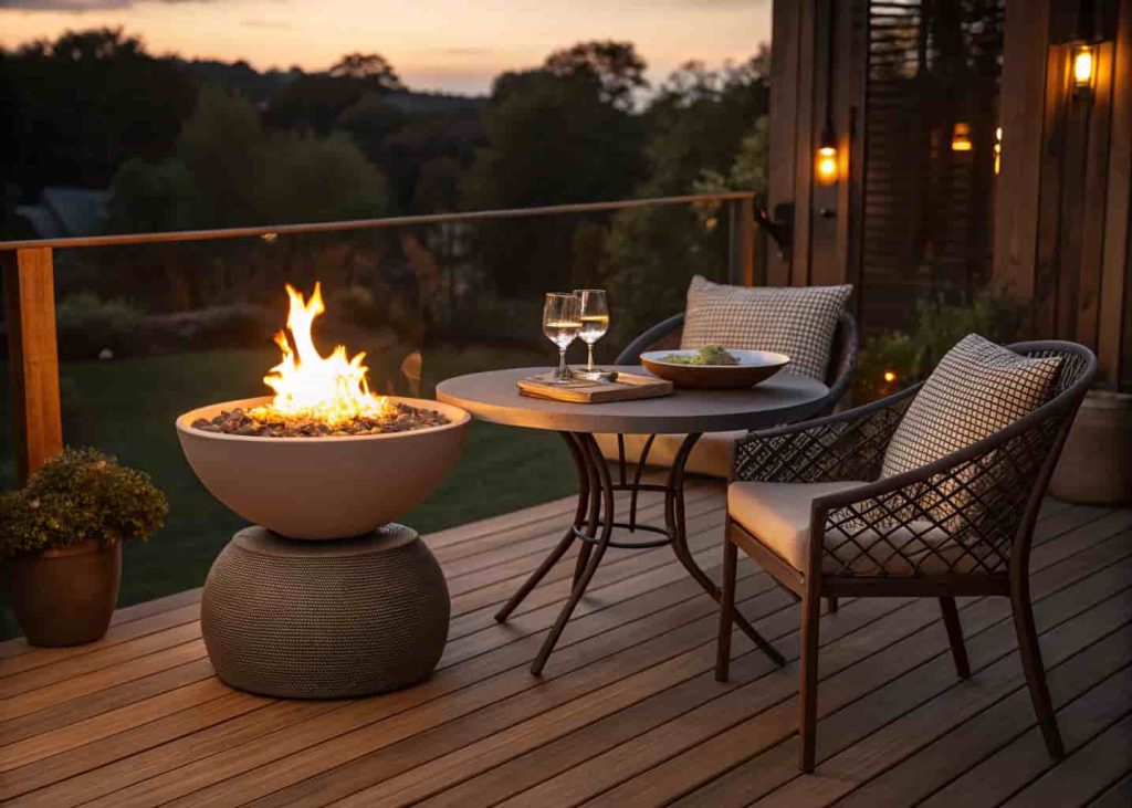 A small round tabletop fire bowl placed on an outdoor patio table with two chairs, glowing with warm flames in the evening light.