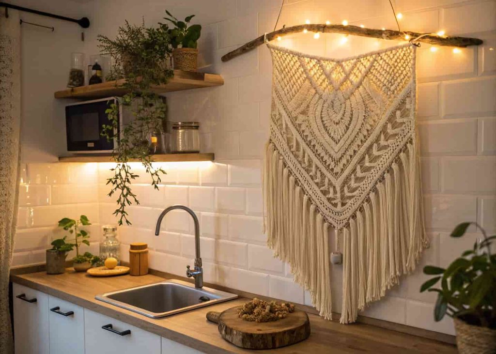 Macramé wall hanging above a kitchen sink in a bohemian style with natural rope and driftwood