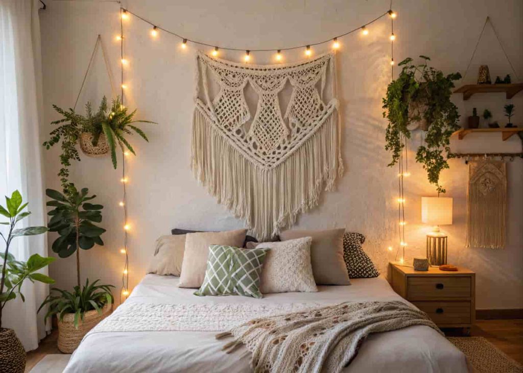 Handmade macramé wall hanging above a bohemian bedroom bed with fairy lights and pillows