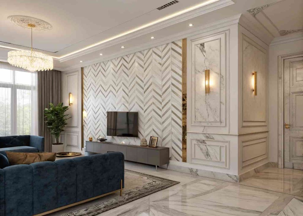 A Neo Deco living room with a geometric marble feature wall, brass trim details, and a teal velvet sofa
