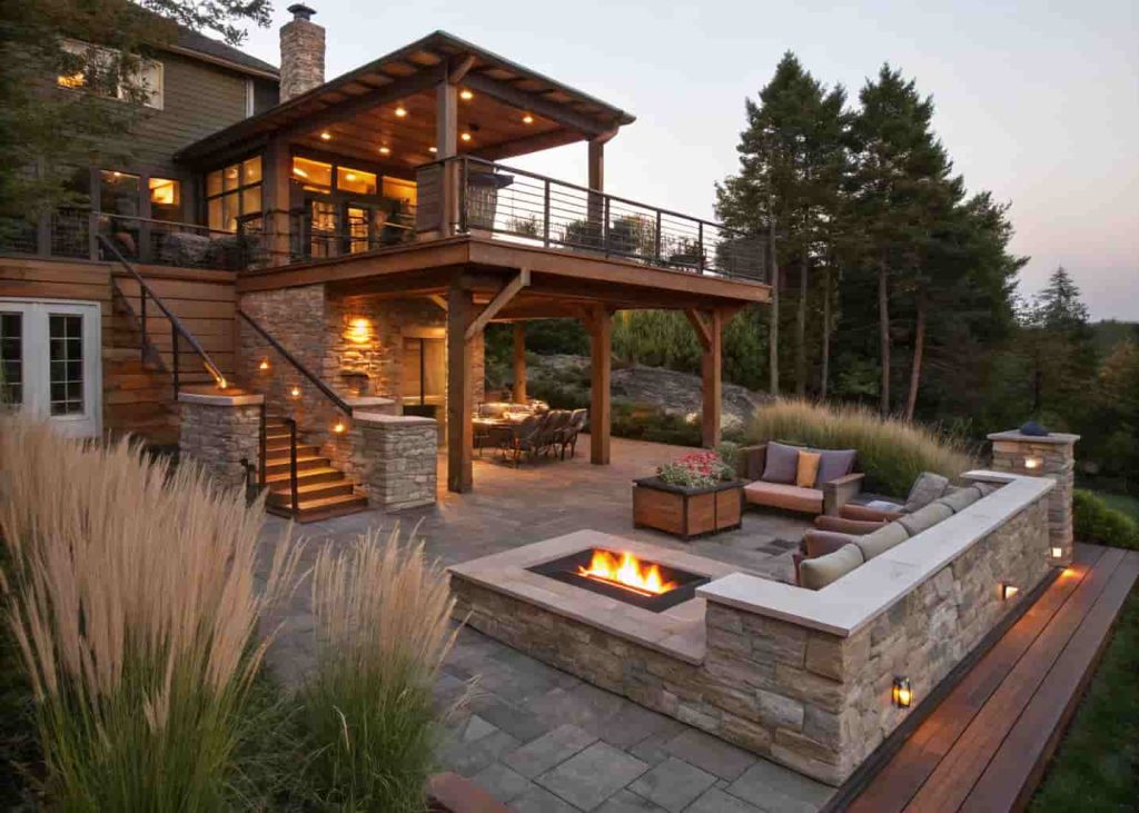 A multi-level backyard fire pit lounge with a raised wooden platform and lower ground seating area, modern outdoor furniture, a glowing square fire pit, rustic wood and stone materials, surrounded by tall ornamental grasses, warm evening ambiance.