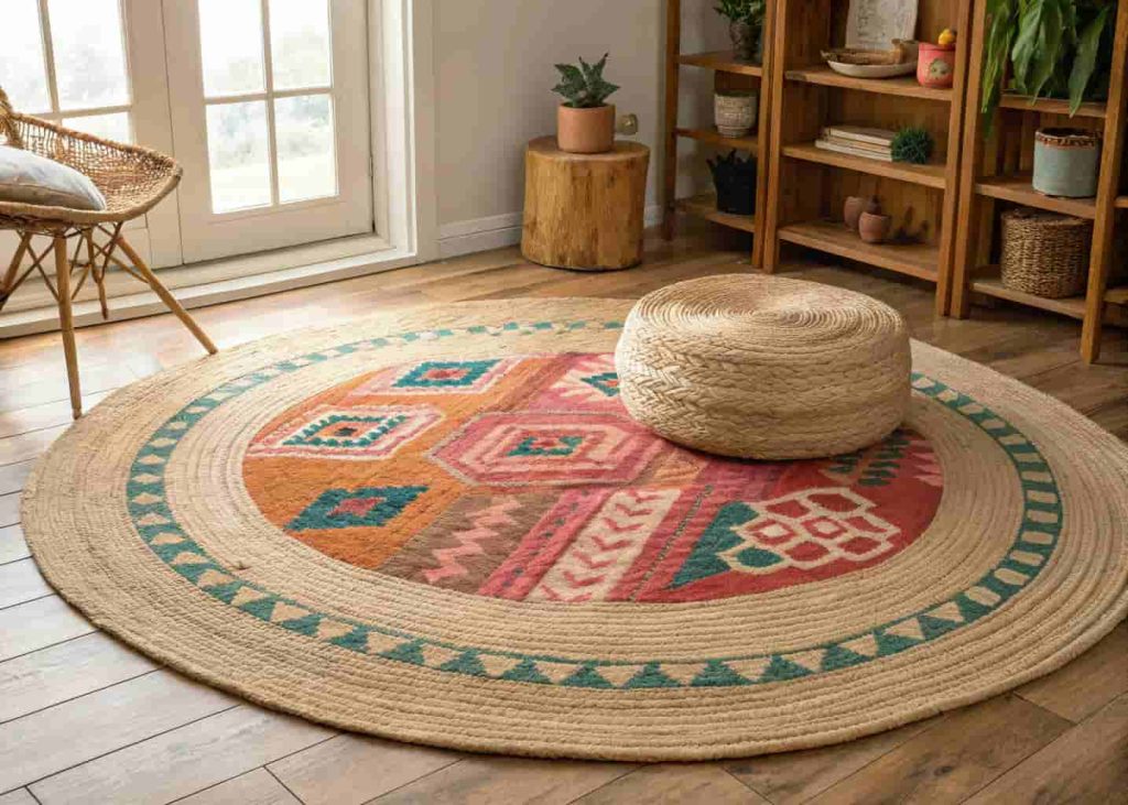 Layered boho rugs with jute base and colorful kilim on top in a warm living space
