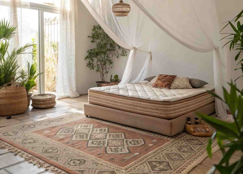Bohemian floor bed on a Moroccan rug with layered earthy bedding and a sheer canopy overhead.