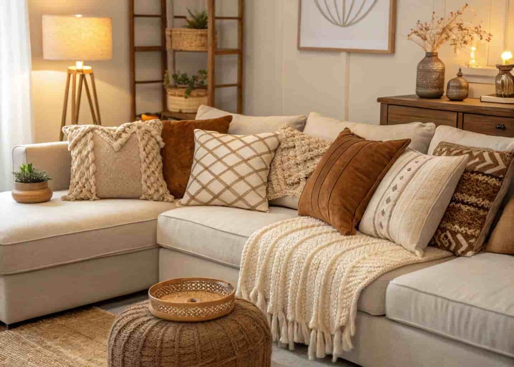 Earthy neutral boho pillow mix with chunky knit, linen, and jute textures on a cozy sectional sofa.