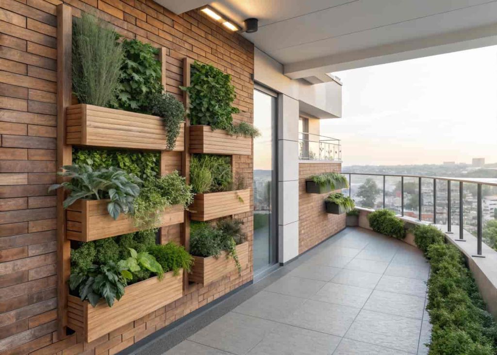 A vertical garden wall with fresh herbs, succulents, and leafy plants mounted on a brick wall in an urban balcony space