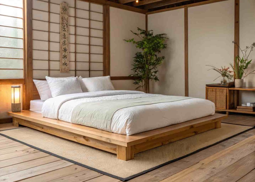 Low wooden platform bed with white linen bedding in a minimal, calm bedroom with light floors and a small plant.