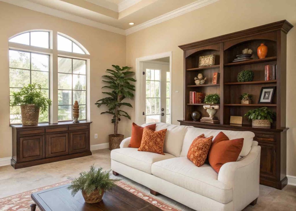 A warm beige living room with rust pillows, walnut shelving, and soft natural light creating a welcoming family space.