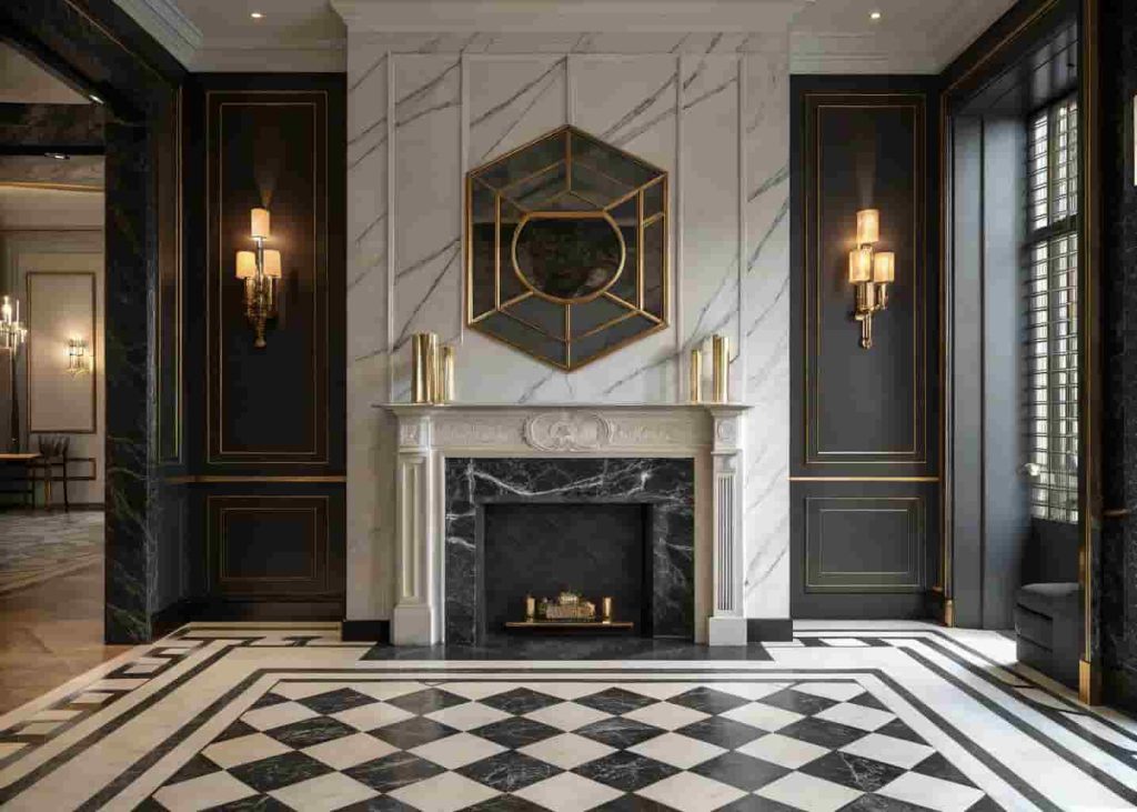 Art Deco room featuring black and white marble flooring and fireplace surround with gold fixtures and geometric mirror.