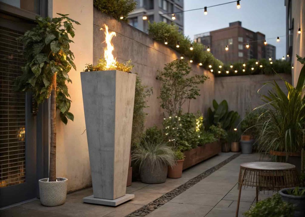  A slim vertical fire column standing in the corner of a small patio, glowing with a flame at the top, surrounded by green potted plants and string lights.