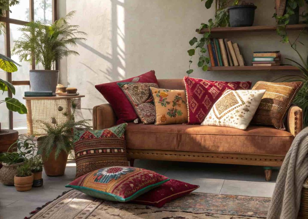 Bohemian sofa with colorful mismatched cushions in velvet, embroidered, and woven fabrics