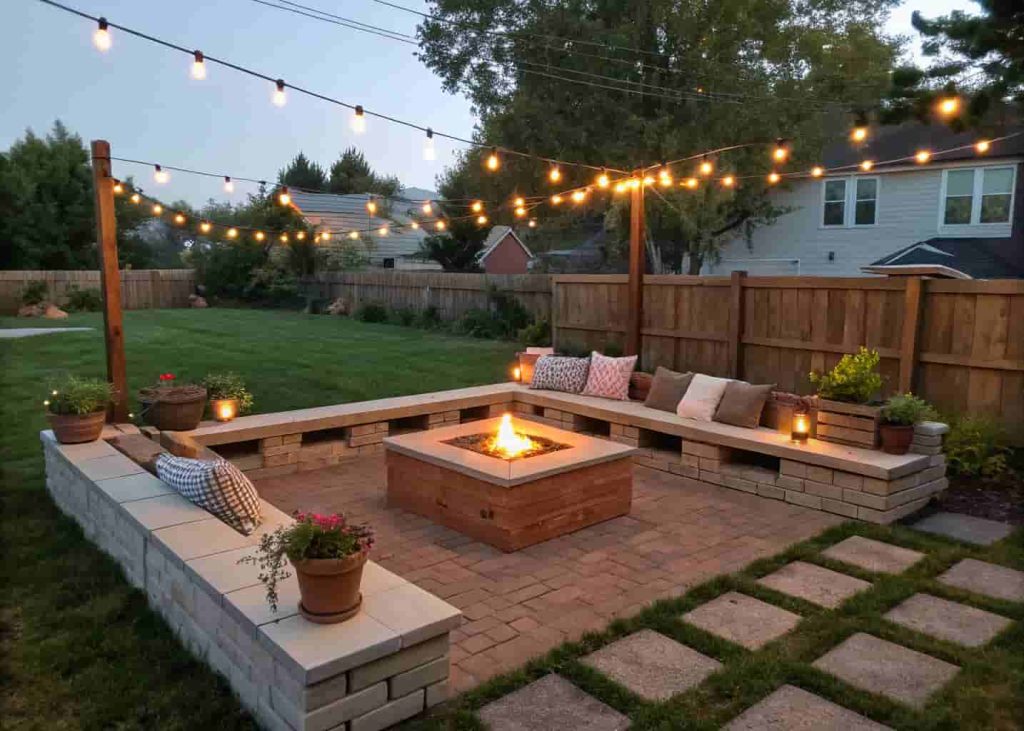 Corner fire pit with L-shaped bench seating, string lights, and potted plants in a backyard corner at night.