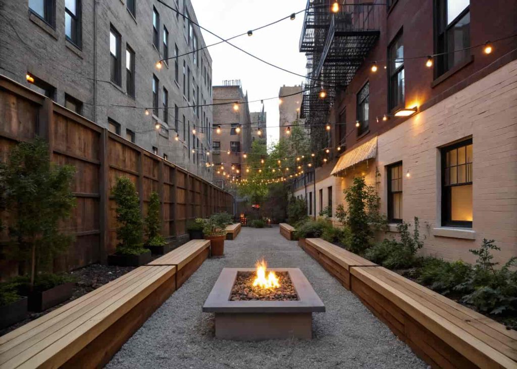 Rectangular fire pit with linear bench seating on both sides in a long narrow backyard with gravel and string lights.