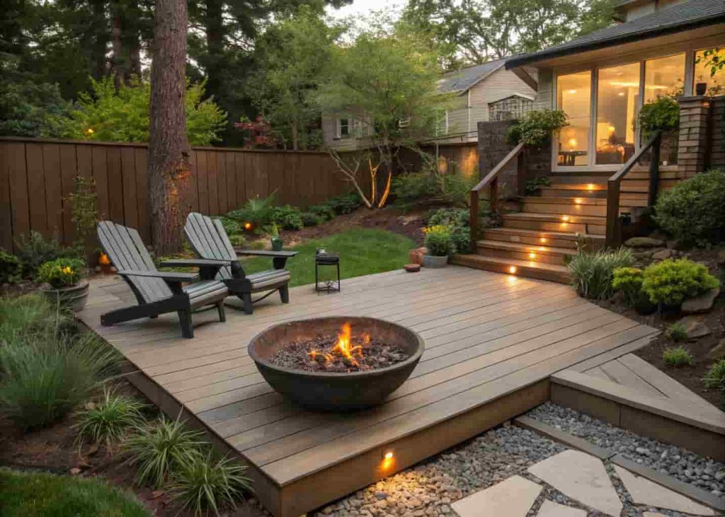Floating wood deck with a round metal fire pit and Adirondack chairs in an uneven backyard surrounded by greenery.
