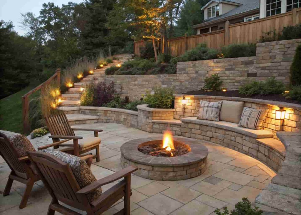 Fire pit built against a stone retaining wall with cushioned ledge seating and wooden chairs in a tiered backyard.