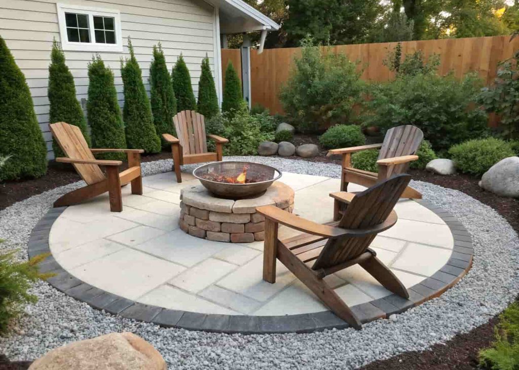 Round metal fire pit on pea gravel surface with wooden chairs and stone border in a clean backyard garden setting.