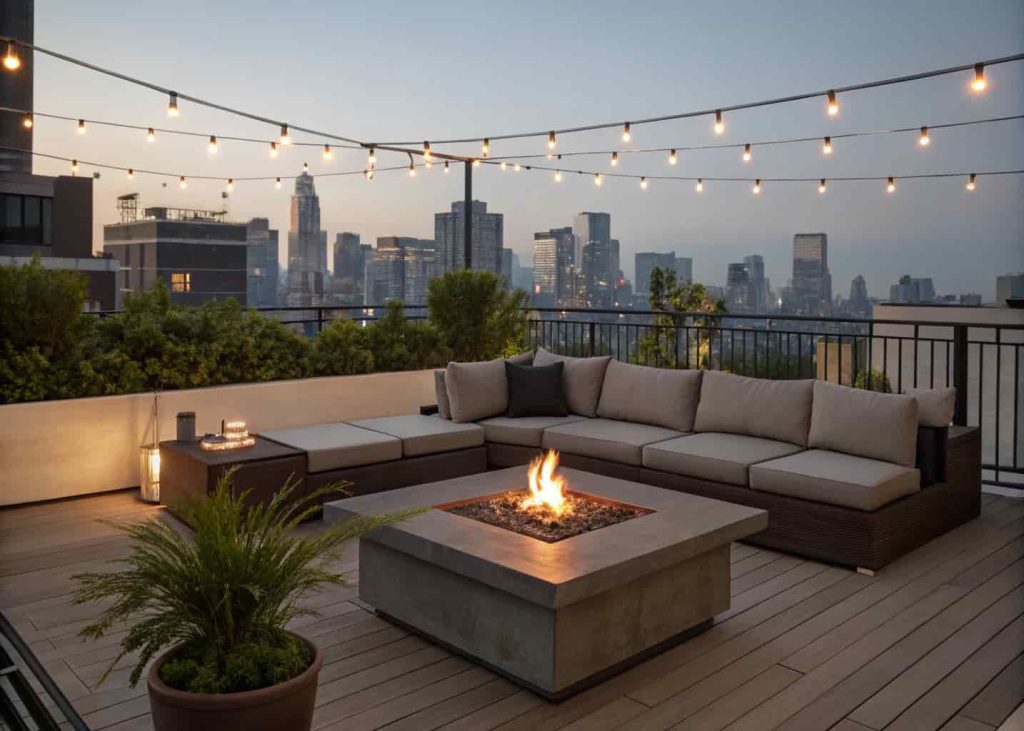 Propane tabletop fire pit on a rooftop terrace with sectional sofa, city skyline view, and string lights at dusk.