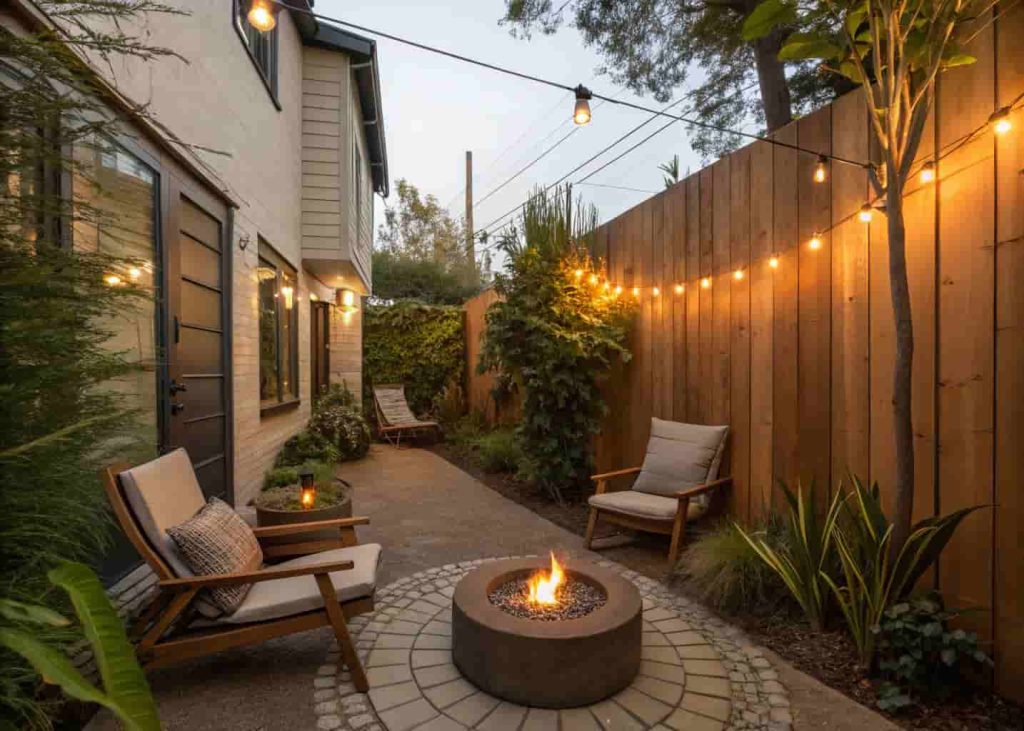 Narrow side yard fire nook with small round fire pit, two lounge chairs, privacy plants, and string lights at night.