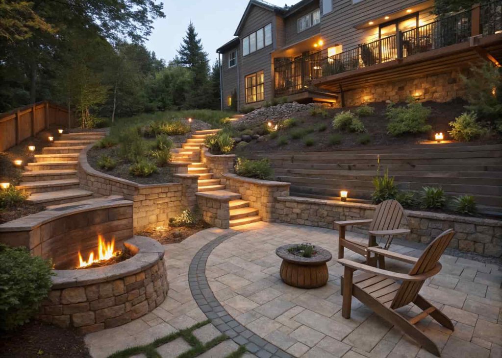 Multi-level backyard with stone steps leading to a lower fire pit area with Adirondack chairs and path lighting at dusk.