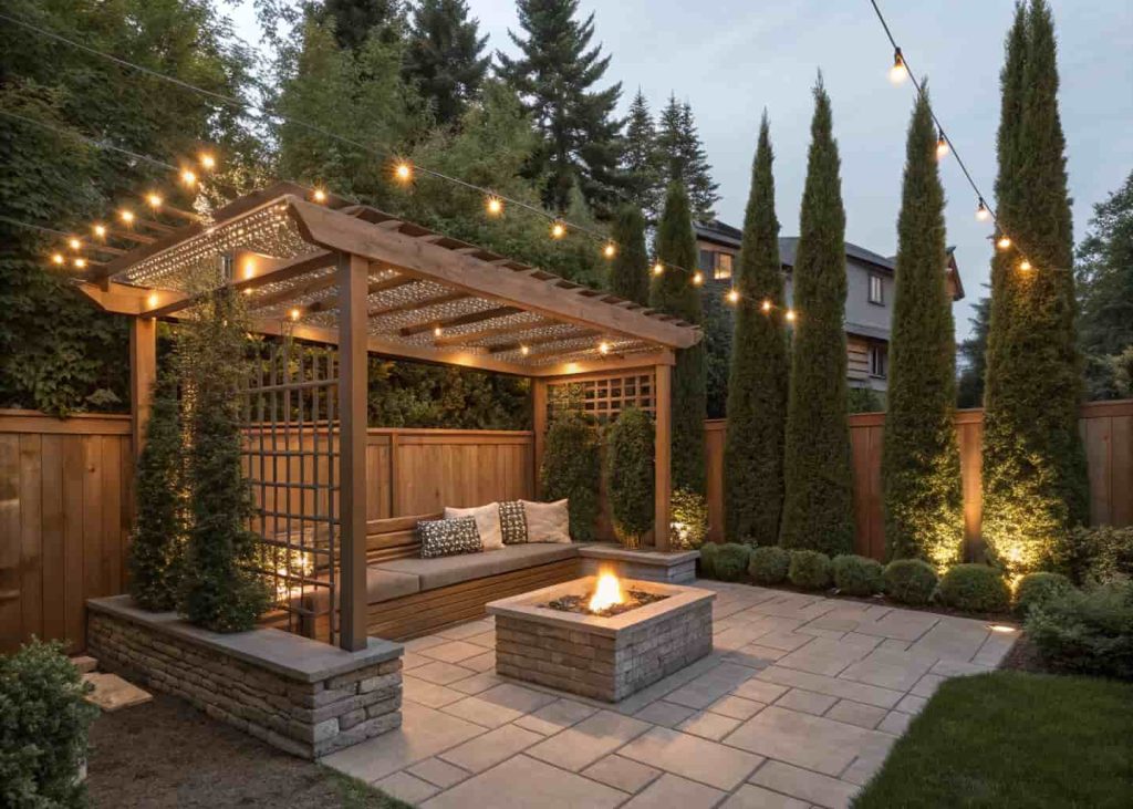 Fire pit under a wooden pergola with lattice panels, cedar hedges, string lights, and cushioned bench seating in an enclosed backyard garden.