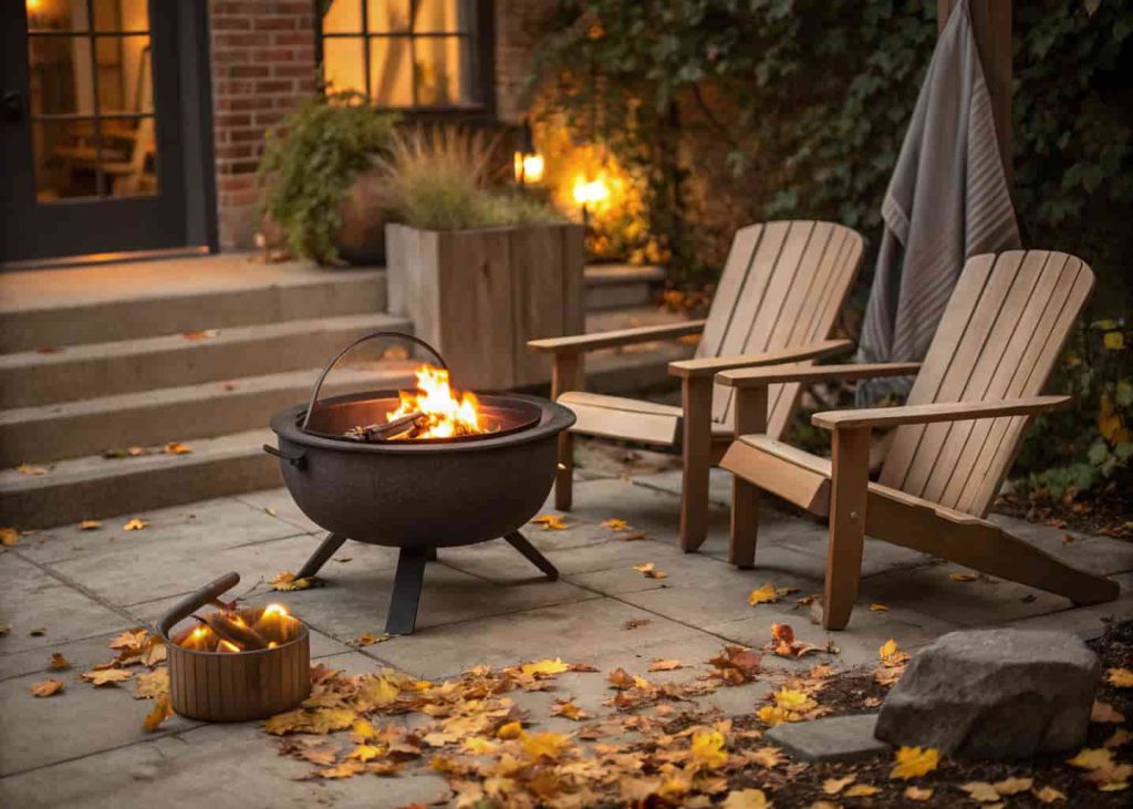 Portable cast iron fire pit on a flagstone patio with wooden chairs and a blanket in a cozy autumn backyard setting.