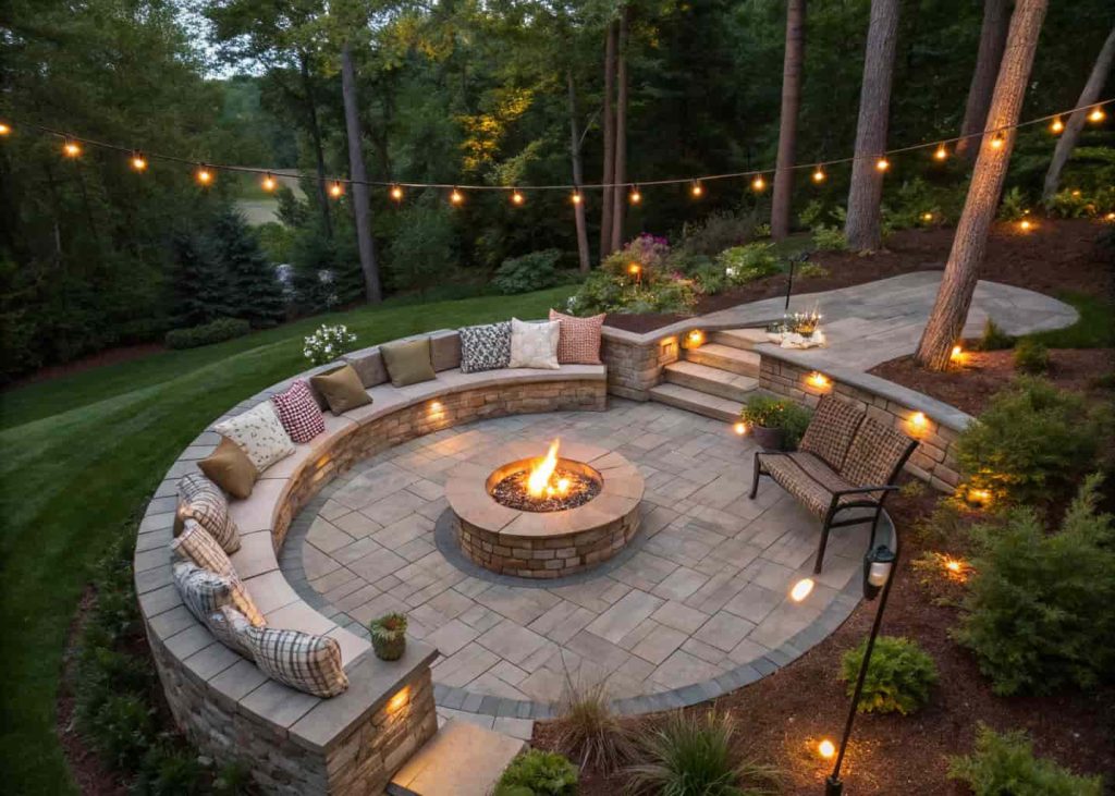 Circular built-in stone bench surrounding a fire pit on a stone paver patio with neutral cushions and string lights.