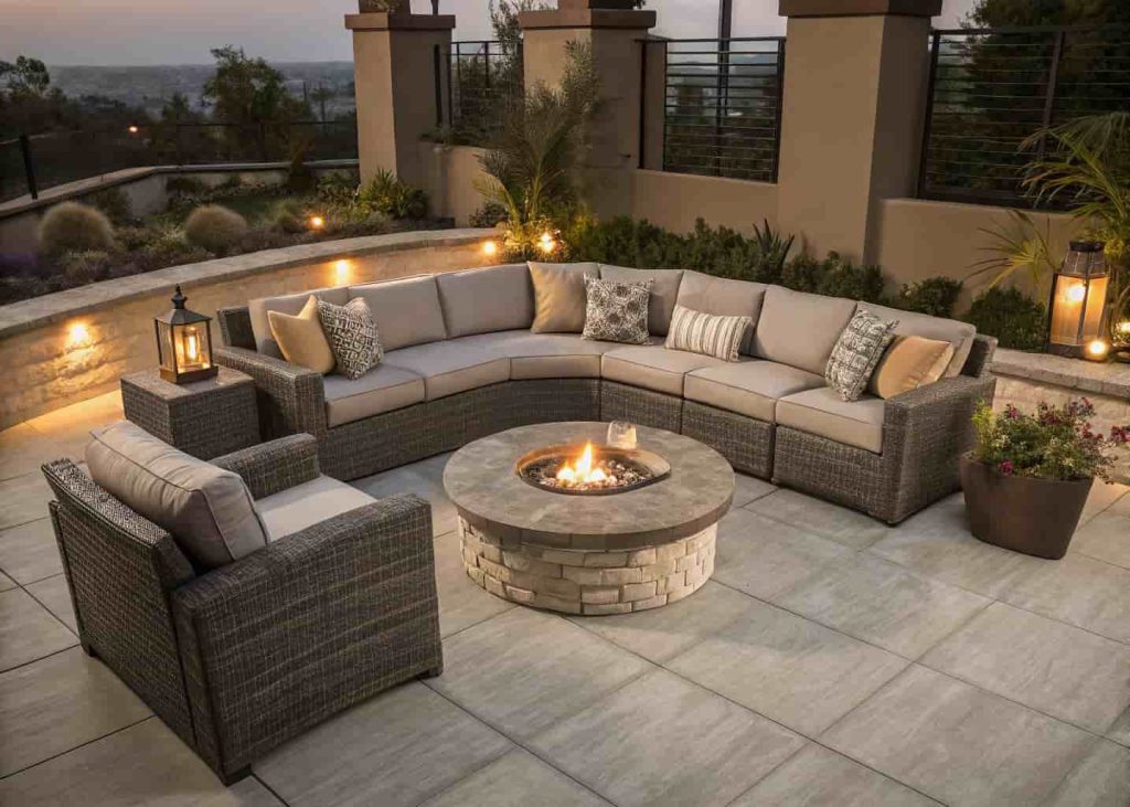 Curved gray outdoor sectional sofa around a square gas fire pit on a tiled patio with earthy pillows and potted plants.