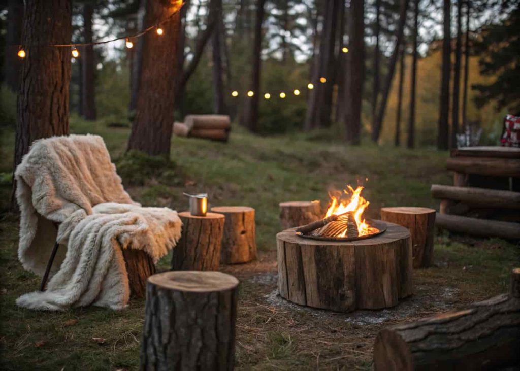 Natural log stumps with sheepskin throws arranged around a rustic backyard fire pit in a forest setting.