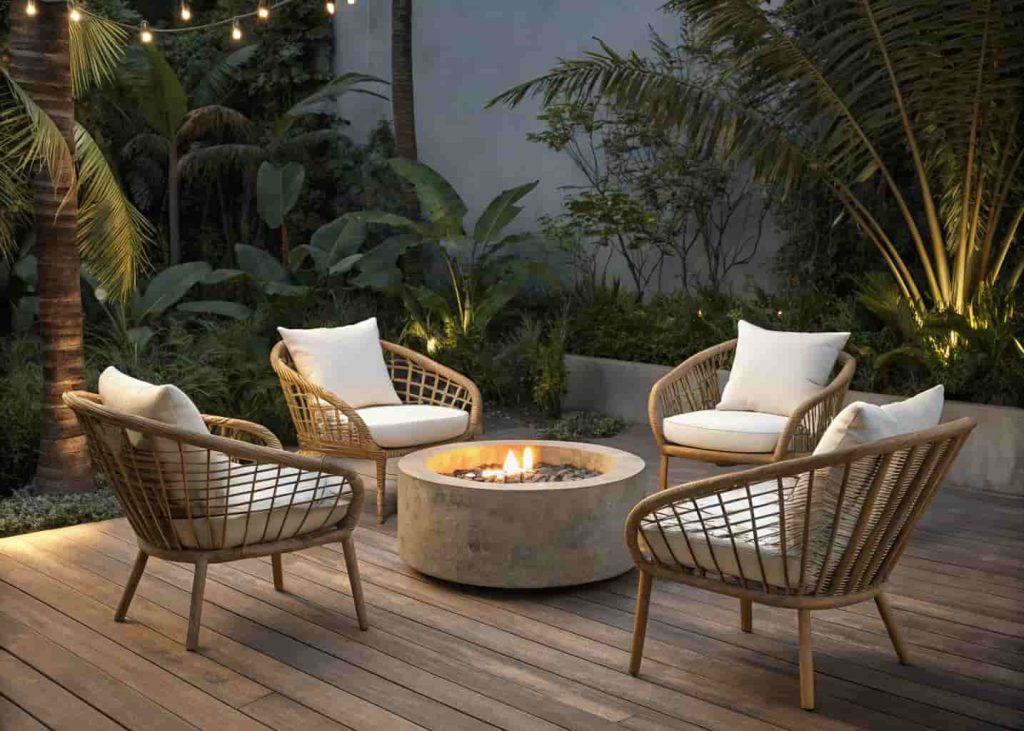 Synthetic rattan chairs with white cushions around a concrete fire pit on a wooden deck with tropical plants.
