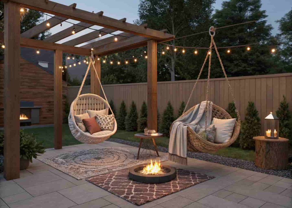 Two hanging hammock chairs from pergola beams near an outdoor fire pit with string lights and an outdoor rug