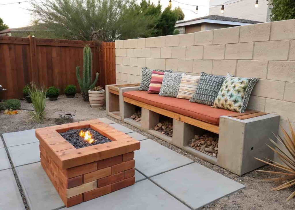 DIY cinder block bench with wooden plank and colorful cushions beside a backyard fire pit on a concrete patio.