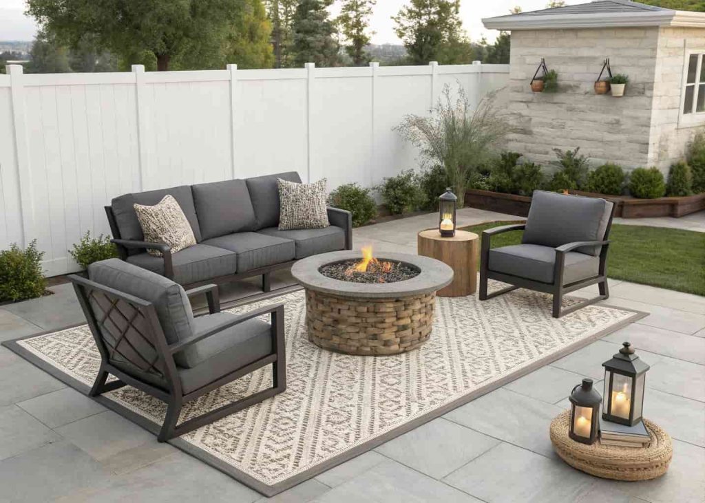 Charcoal gray outdoor loveseat and two chairs around a round gas fire pit on a concrete patio with a coffee table.