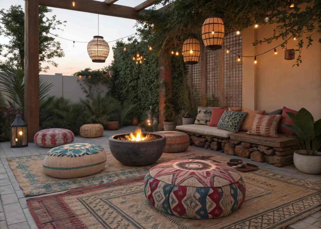Colorful Moroccan poufs and floor cushions around a low tabletop fire bowl on a boho-style outdoor patio with lanterns.