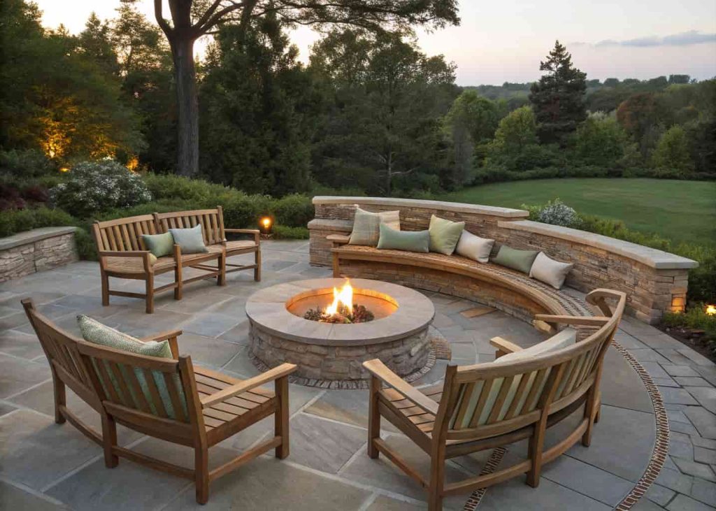 Teak wood benches in a U-shape around a circular fire pit on a stone patio in golden afternoon light.