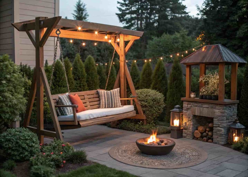 Freestanding wooden porch swing with cushion beside an outdoor fire pit in a cozy evening garden setting.