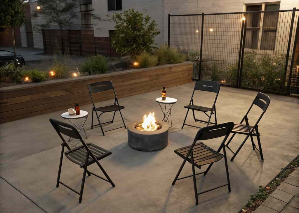 Six matte black modern folding chairs around a portable fire pit on a concrete patio with small side tables.