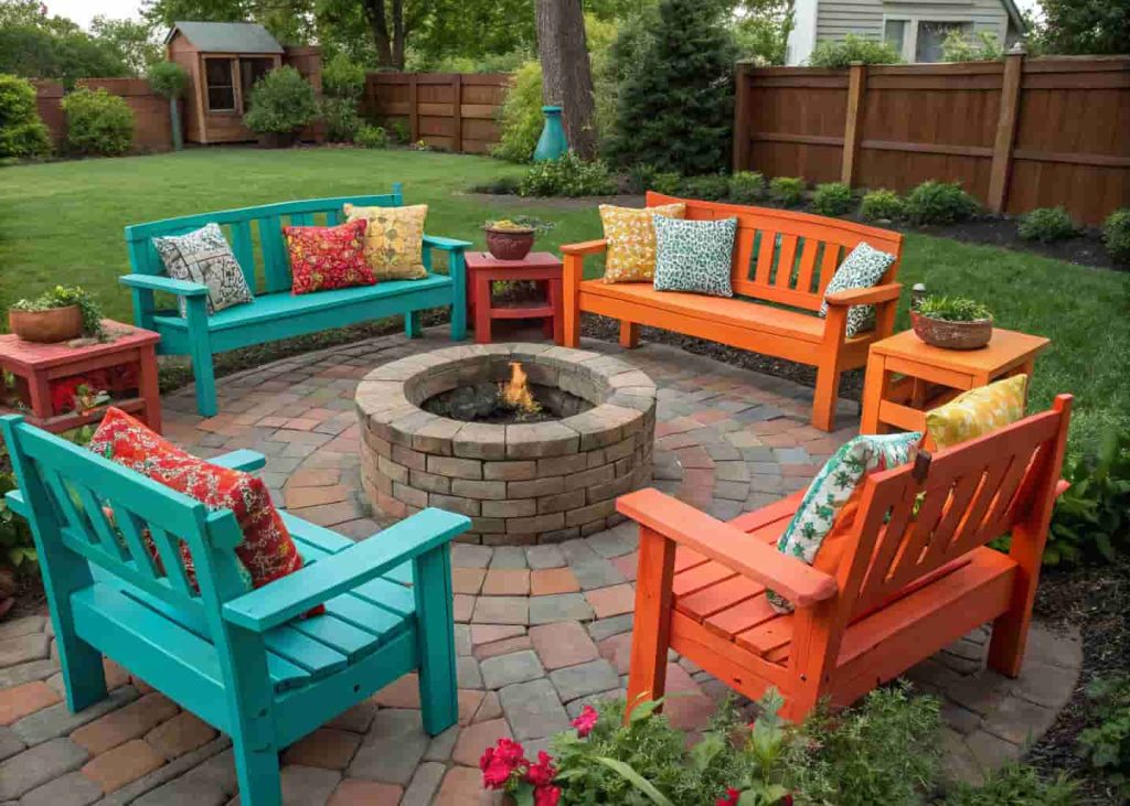 Colorful painted wooden benches in teal, orange, and red around a brick fire pit in a vibrant summer garden.