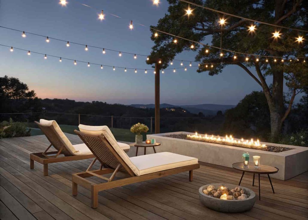 Two outdoor lounge chairs with cream cushions angled toward a rectangular gas fire pit on a wooden deck under string lights and stars.